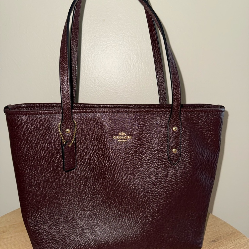 Coach Deep Burgundy Red  Leather Tote Bag with Structured Design